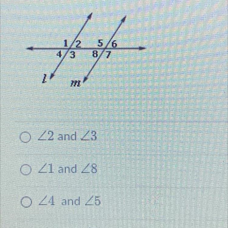 If lines I and m are parallel, which pair of angles are congruent? o 2 and 3 o 1 and-example-1