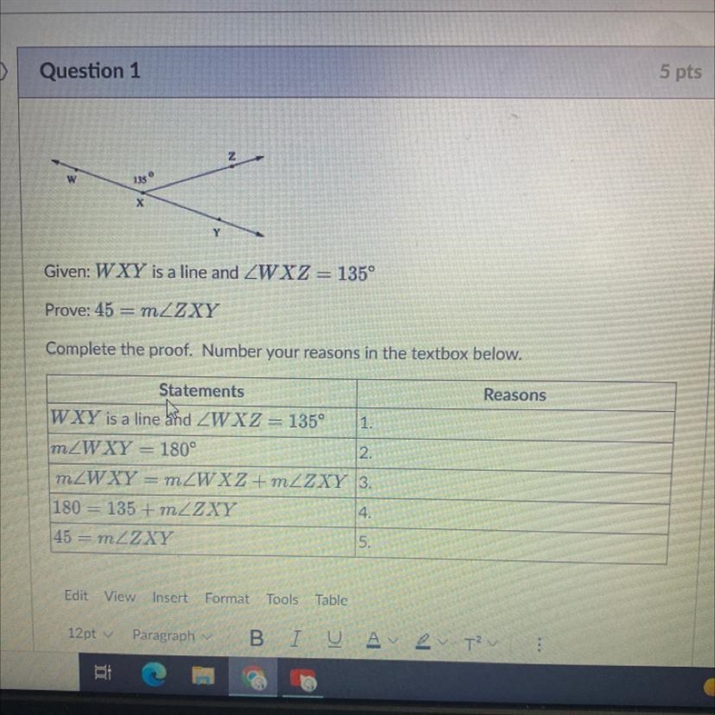 Prove: 45= m/ZXY Complete the proof. Number your reasons in the textbox below.-example-1