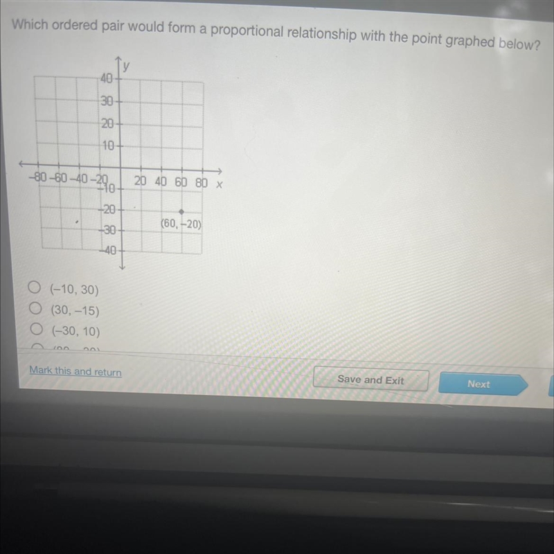 Which ordered pair would form a proportional relationship with the point graphed below-example-1