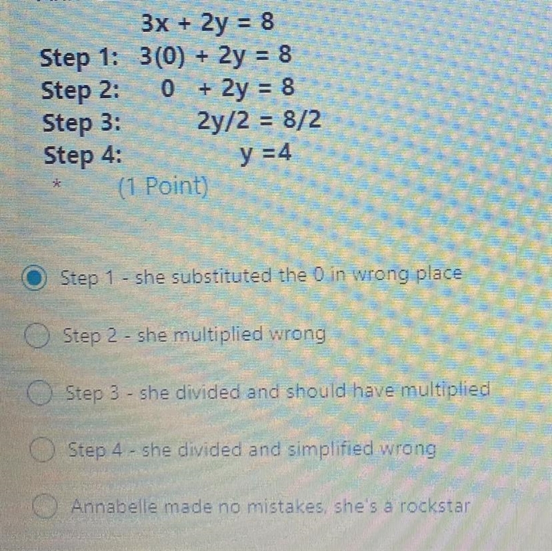 Annabelle wanted to find the y value for when x is 0 (y intercept). Here are her steps-example-1