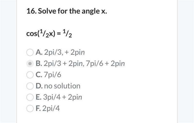 16. Solve for the angle x. cos(¹/2x) = ¹/2-example-1