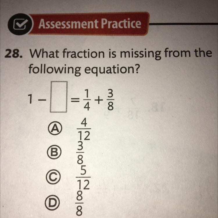 What fraction is missing from the following equation? 1 - 1- - = + 8 moo (A) (В) + Amloom-example-1