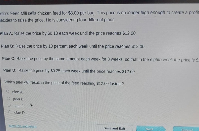 Which plan will result in the prive of feed reaching 12 faster-example-1