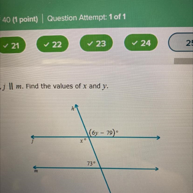 In the figure below, j || m. Find the values of x and y.-example-1