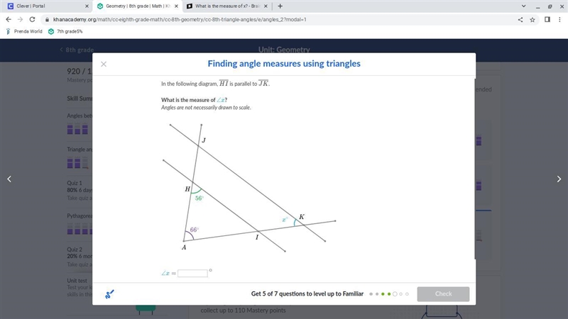 In the following diagram HI is parallel to JK. what is the measure of x?-example-1