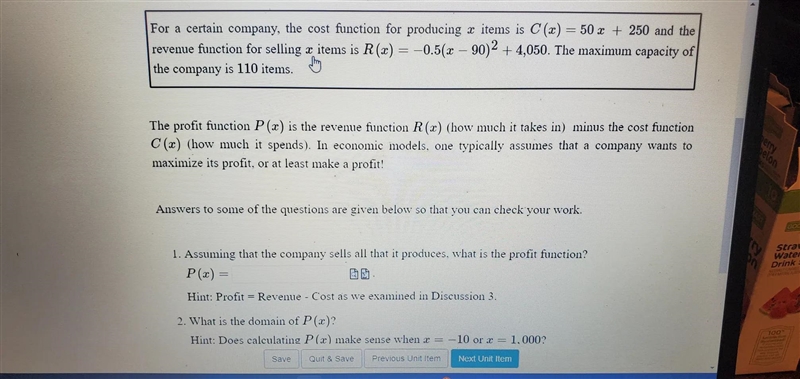 For a certain company, the cost function for producing x items is C(x)=50x+250 and-example-1