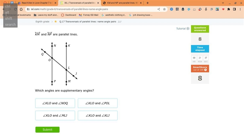 KM and NP are parallel lines. which angles are supplementary angles?-example-1