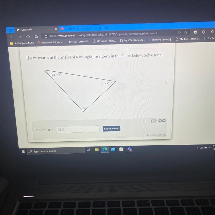 The measures of the angles of a triangle are shown in the figure below. Solve for-example-1