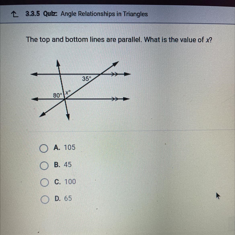 Pls answer quick;-; 20 points! The top and bottom lines are parallel. What is the-example-1