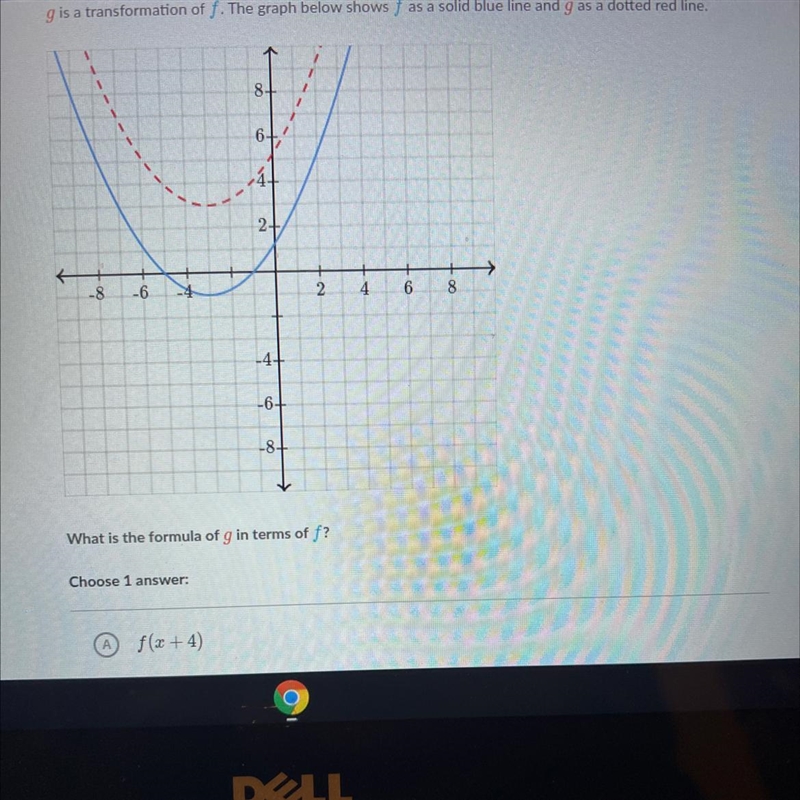 What if the formula of g in terms of f?A) f(x+4)B) f(x) +4 C) f(x-4)D) f(x) -4-example-1