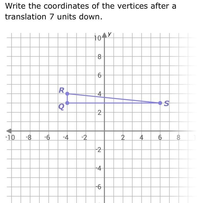 Write the coordinates of the vertices after a translation 7 units down. - 10 - 8 - 6 - 4 - 2 2 4 6 8 10 - 10 - 8 - 6 - 4 - 2 2 4 6 8 10 x-example-1