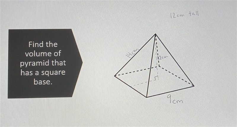 Please help... Find the volume of pyramid that has a square base. ​-example-1