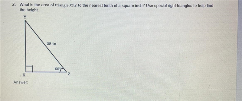 What is the area of triangle XYZ to the nearest tenth of a square inch? Use special-example-1