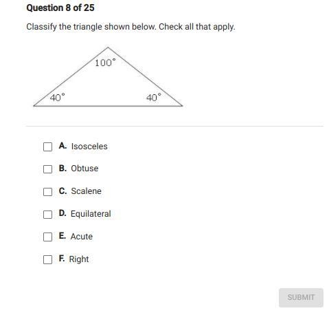 Classify the triangle shown below. Check all that apply.-example-1