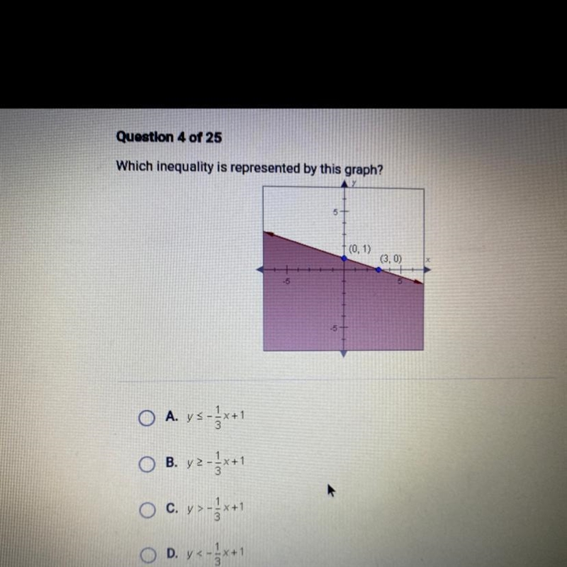 Which inequality is represented by this graph? A. y-< -1/3 x+1 B. y-> -1/3 x-example-1