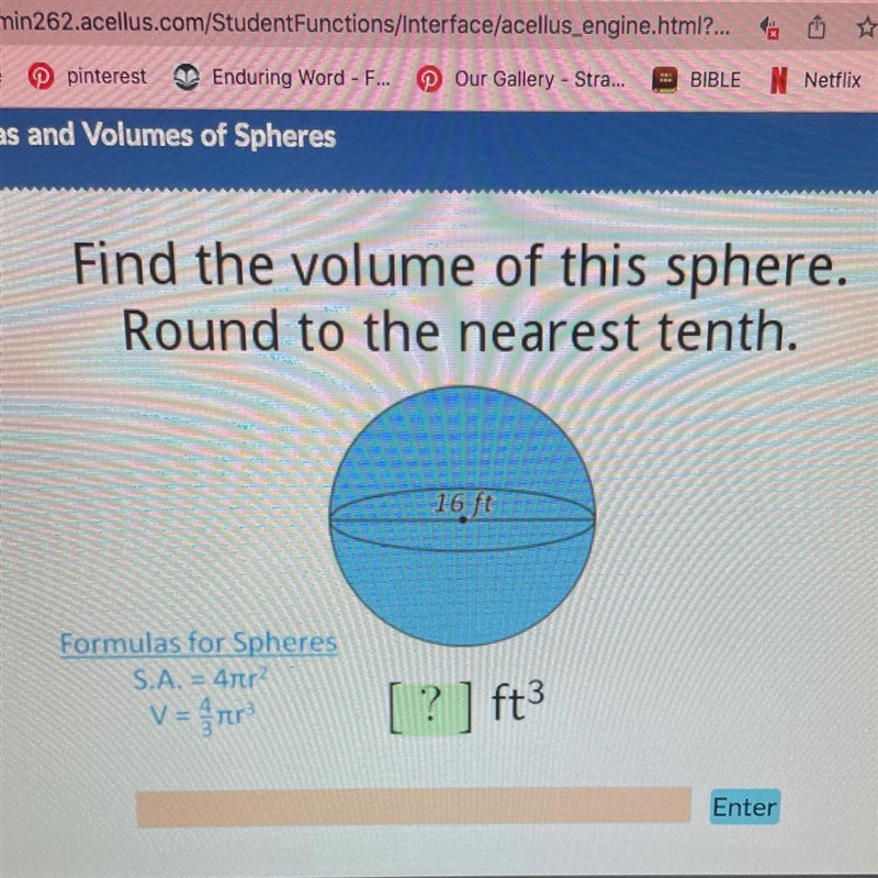 Find the volume of this sphere. Round to the nearest tenth. Formulas for Spheres S-example-1