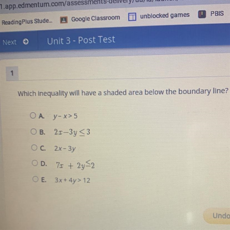 Which inequality will have a shaded area below the boundary line?OA.y-x>5B. 2x-example-1