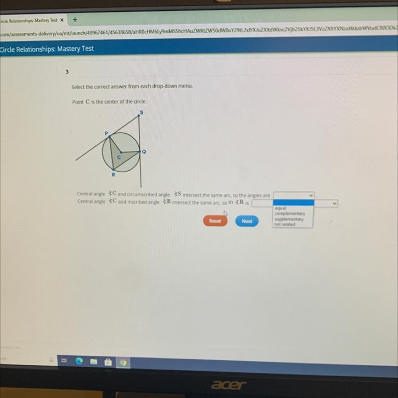 Point C is the center of the circle. Options to the second answer are A. One-half-example-1