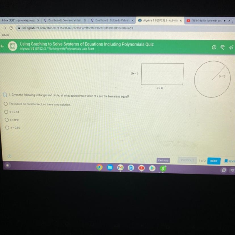 1. Given the following rectangle and circle, at what approximate value of x are the-example-1