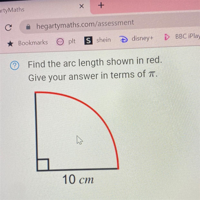 Find the arc length shown in red. Give your answer in terms of . A 10 cm-example-1