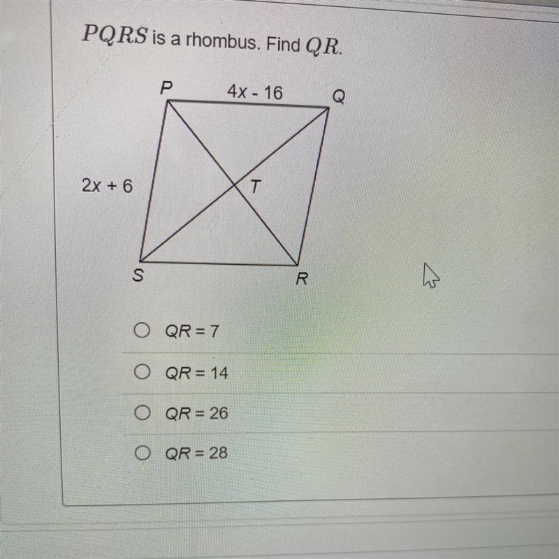 PQRS is a rhombus. Find QR. Will give points!!-example-1