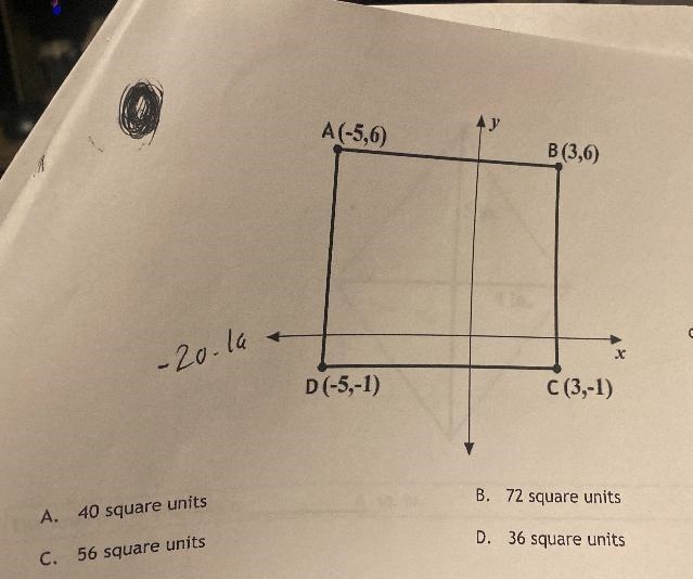 AyA(-5,6)B (3,6)D(-5,-1)C(3,-1)-20-laFind the area of the rectangle ABCD.B. 72 square-example-1