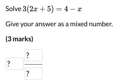 Solve: 3(2x+5) = 4-x Give your answer as a mixed number.-example-1