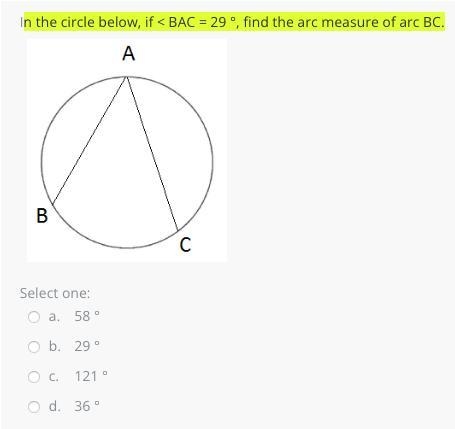 N the circle below, if < BAC = 29 °, find the arc measure of arc BC.-example-1