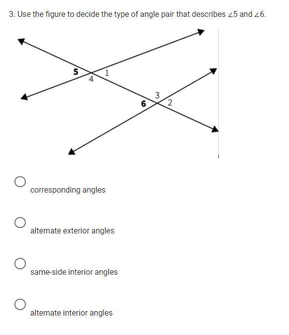 Use the figure to decide the type of angle pair that describes ∠5 and ∠6.-example-1