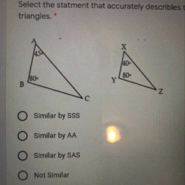 Select the statment that accurately describles the following pair oftriangles.-example-1