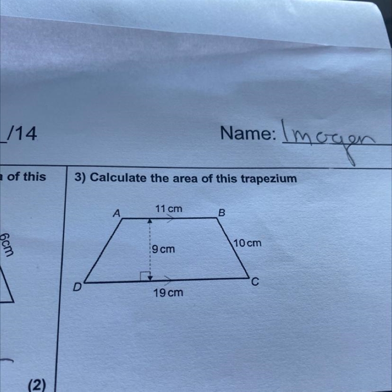 3) Calculate the area of this trapezium D A 11 cm ¹9 cm 19 cm B 10 cm C-example-1