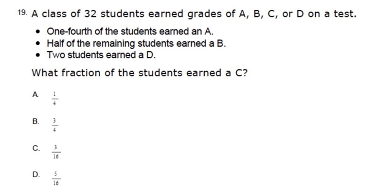 A class of 32 students earned grades of a,b,c,d on a test. One-fourth or the students-example-1