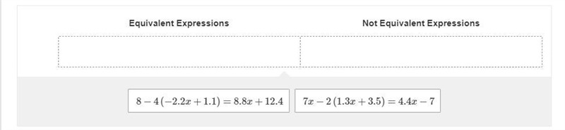 Question Are the linear expressions equivalent? Drag the choices to the boxes to correctly-example-1