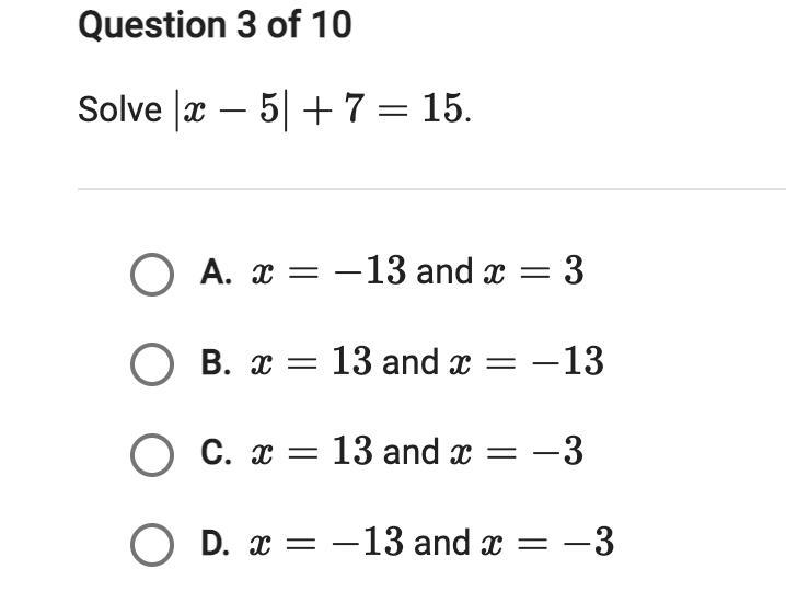 Solve |x-5| + 7 = 15.-example-1