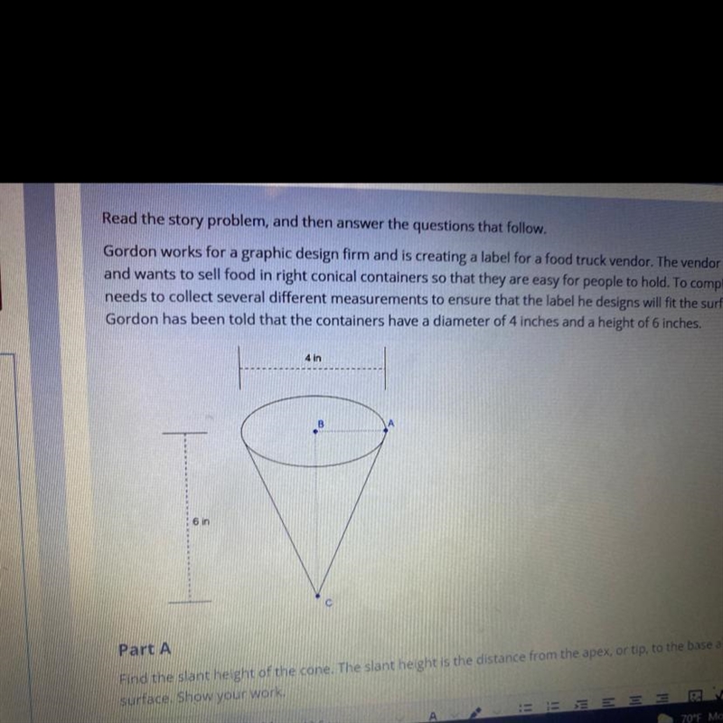 Imagine two line segments where each represents a slant height of the cone. The segments-example-1