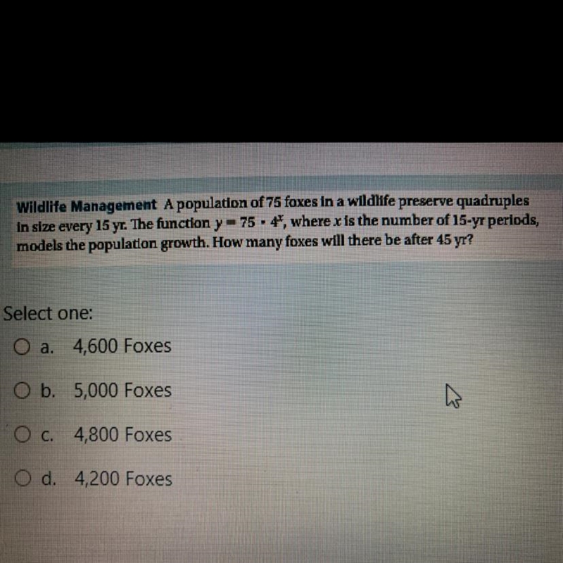 A population of 75 foxes in a wildlife preserve quadruples in size every 15 yr. the-example-1