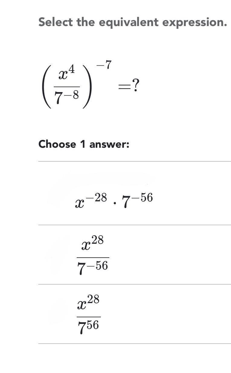 Select the equivalent expression: Please explain why it is changed from a fraction-example-1