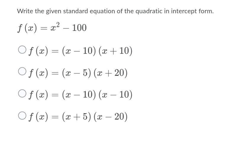 Help how can I Write the given standard equation of the quadratic in intercept form-example-1