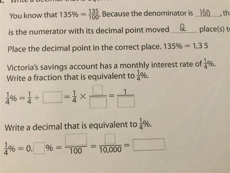 Please Help!! Victoria's saving account has a monthly interest rate of 1/4%. Write-example-1