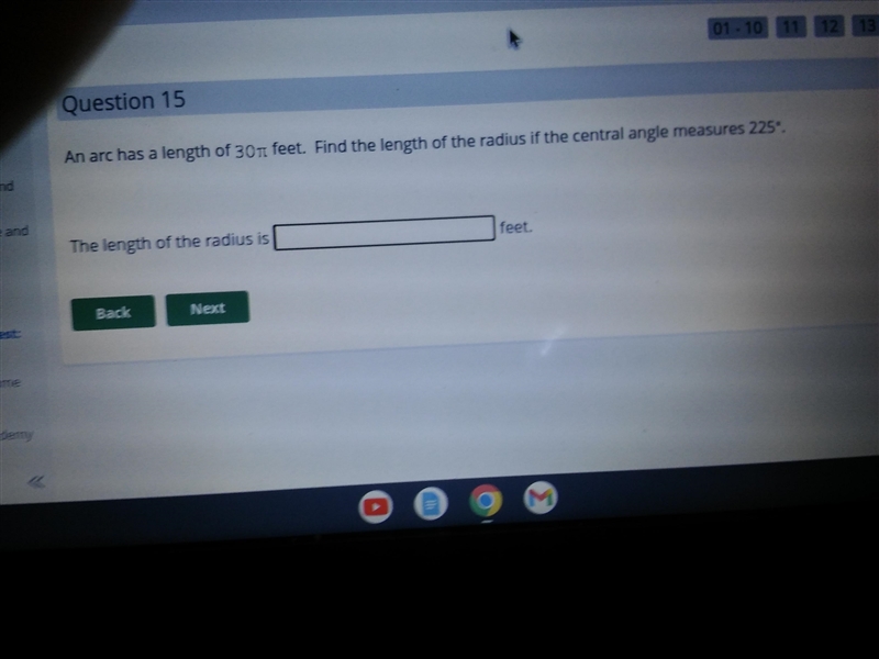 Does anybody know this? An arc has a length of 30 pi feet. Find tge length of the-example-1