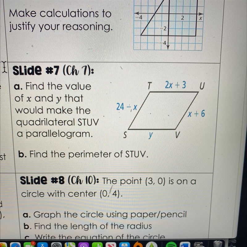 A. Find the value of x and y that would make the quadrilateral STUV a paralelogram-example-1