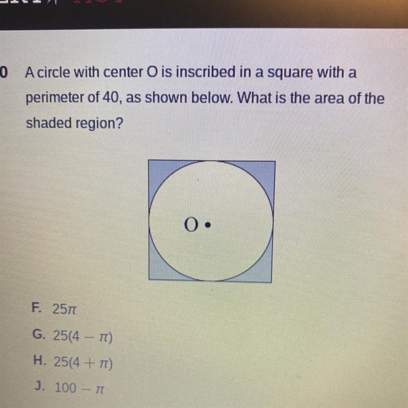 A circle with center O is inscribed in a square with a perimeter of 40, as shown below-example-1