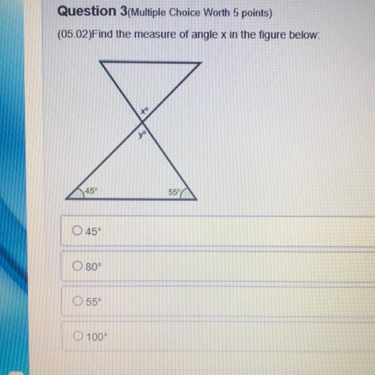 (05.02) Find the measure of angle x in the figure below: 55 45 80 55 100-example-1