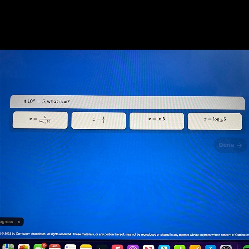 If 10^x=5. What is x?-example-1