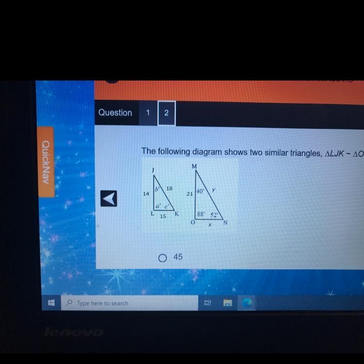 The following diagram shows two similar triangles, ALJK - AOMN. What is the missing-example-1