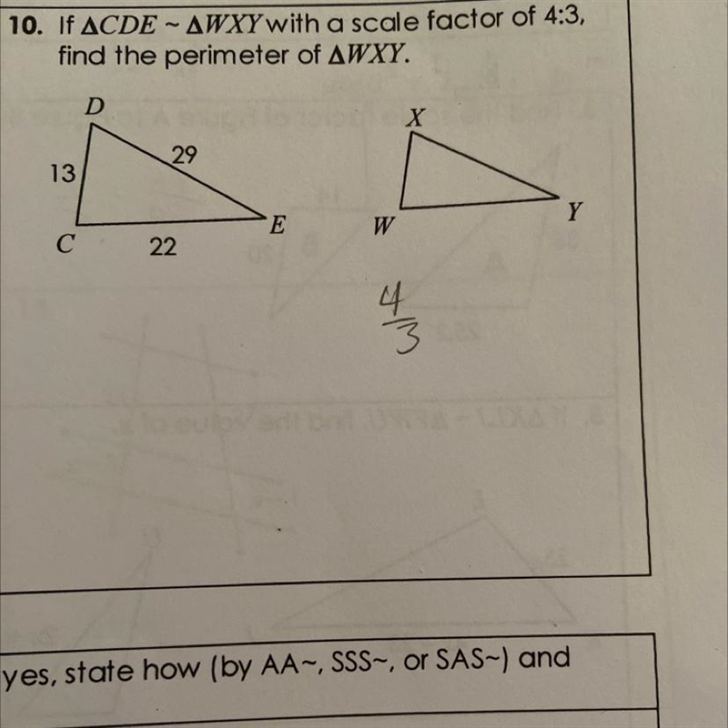 10. If ACDE - AWXY with a scale factor of 4:3, find the perimeter of AWXY.-example-1