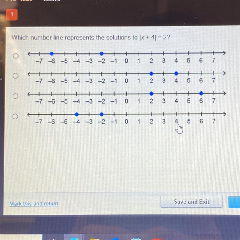 Which number line represents the solutions to |x + 4 = 2?-example-1