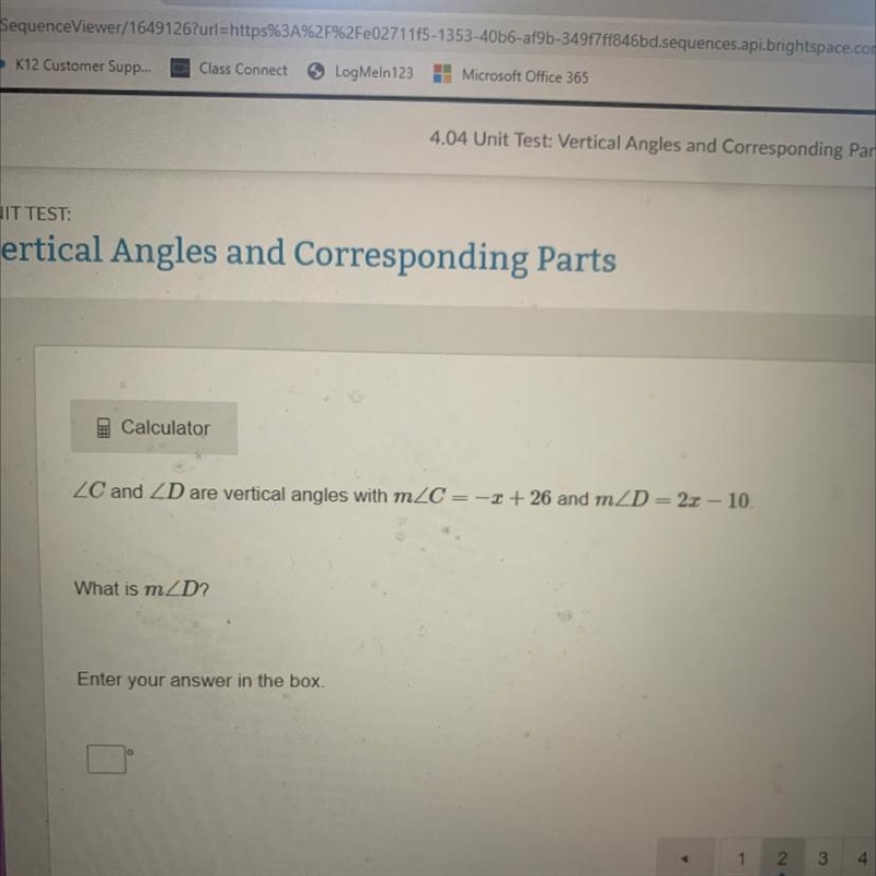 C and D are vertical angles with mC = -x+26 and m D = 2x - 10 What is m D?-example-1