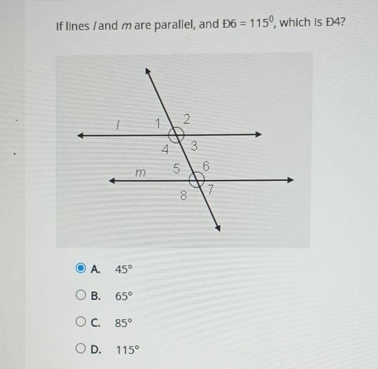 If lines / and mare parallel, and D6 = 1150, which is D4? ​-example-1