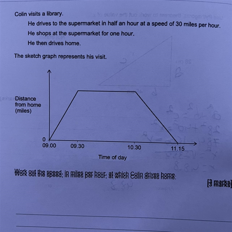 Work out the speed in miles per hour at which colin drives home-example-1